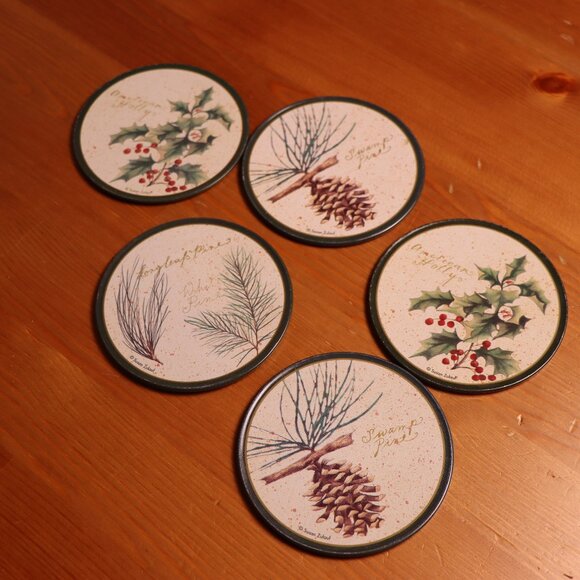 Set of 5 tree nature themed wooden metal and cork coasters, vintage green forest - Picture 1 of 4